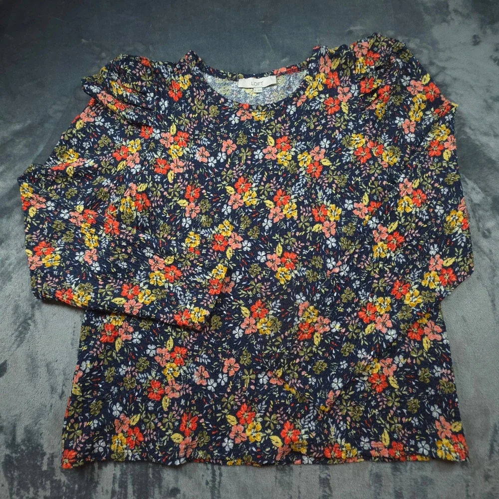 Loft Navy Blue Floral Puff Shoulder Long Sleeve Textured Blouse XL